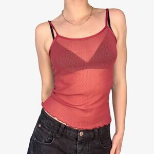 Red pink mesh cami euro style sheer polka dot - fits like xs
